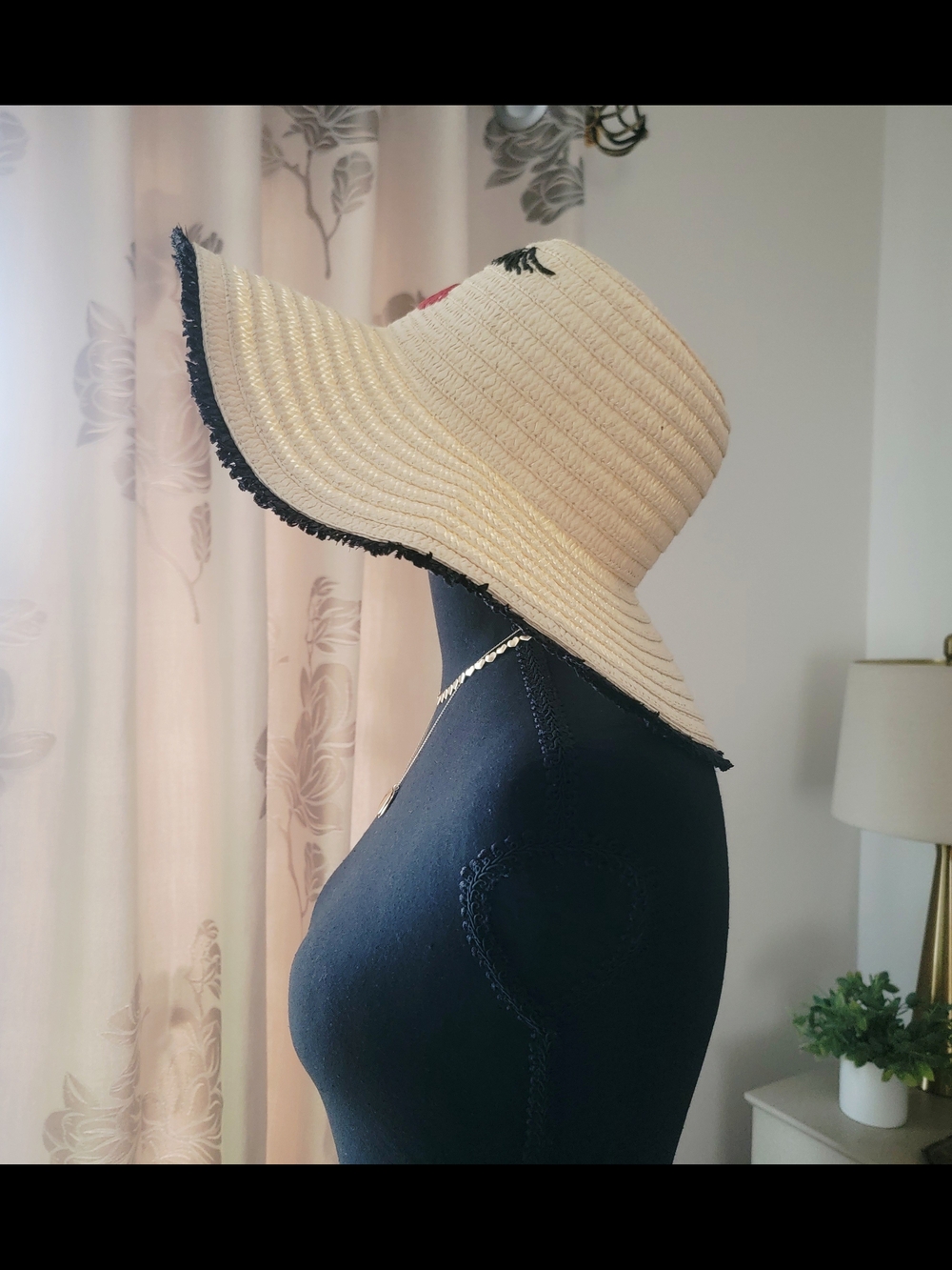 Betsey Johnson Kitsch Face Embroidered Wide Brim Paper Straw Floppy Sun Hat - OS